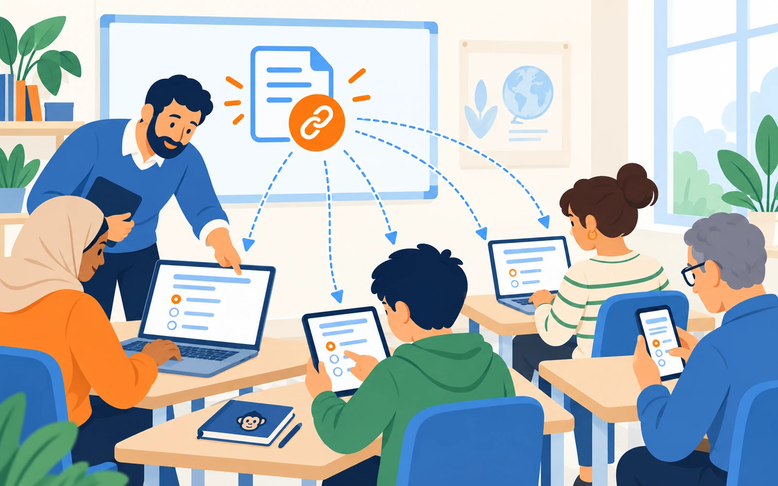Teacher sharing an online exam for students to open