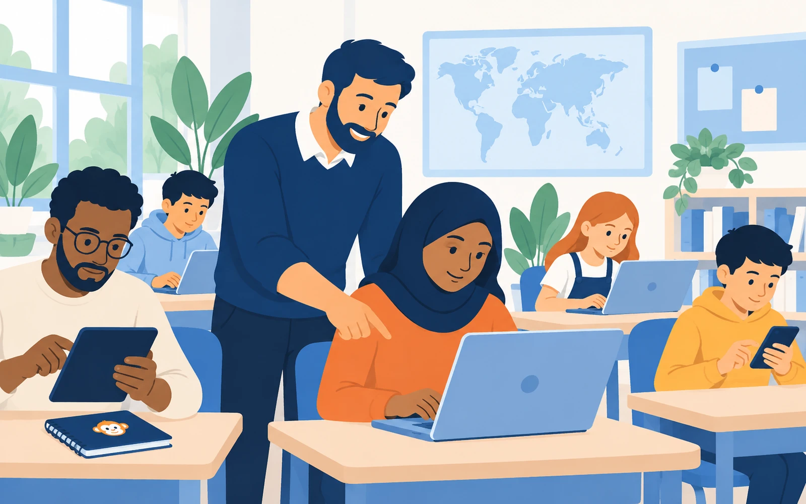 Teacher supporting students taking an online assessment in a classroom